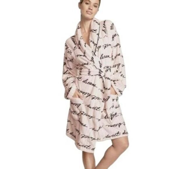 Victoria's Secret Short Cozy Signature Pink White Robe Womens XS/S - Picture 1 of 8